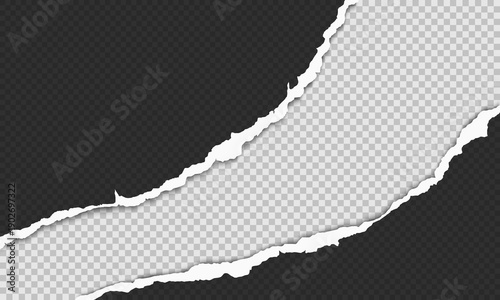Wide horizontal torn paper strip with rough ripped edges, realistic white paper tear revealing transparent background.