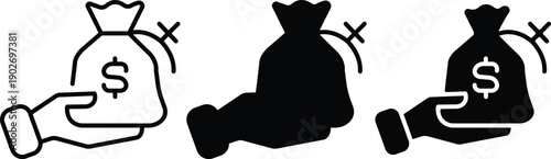 Hand holding a money bag with dollar symbol for financial investment and banking loan cash services Vector Silhouette and Pictogram Icon Set.eps