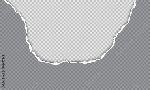 Realistic torn paper opening with rough white ripped edges, transparent background and empty space for design.