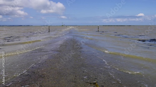 Passage du Gois, France. Street flooded with water. France.