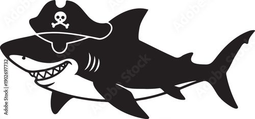 Cartoon shark wearing pirate hat with skull and crossbones isolated illustration