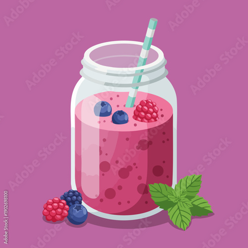 Fresh Cartoon Style Delicious Berry Smoothie in Glass Jar Illustration