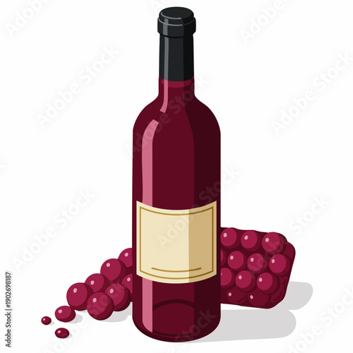 Detailed Illustration of Red Wine Bottle with Grapes Still Life