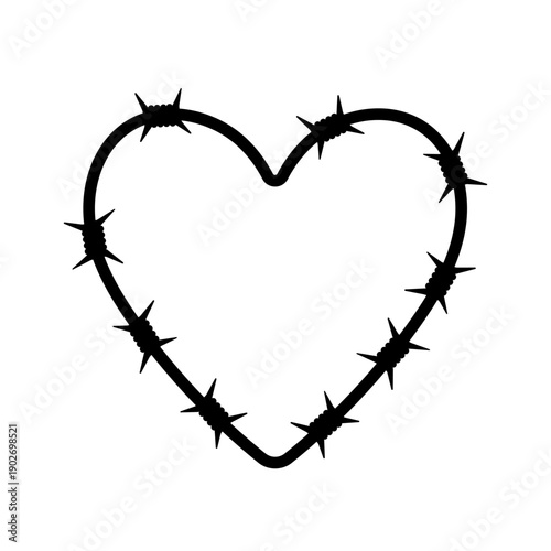 Heart made of barbed wire icon. Black outline line silhouette. Editable strokes. Front view. Vector simple flat graphic illustration. Isolated object on a white background.