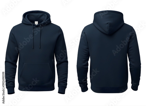 Navy blue hoodie sweatshirt front and back view  casual fashion clothing