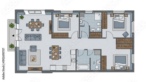 Residential floor plan illustration showcasing modern apartment layout and interior design elements from a top-down viewpoint