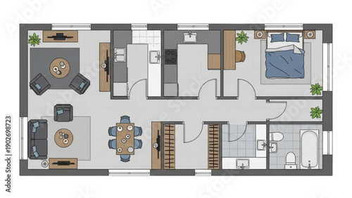 Modern home floor plan illustration featuring living areas, bedrooms, and bathrooms from an overhead viewpoint