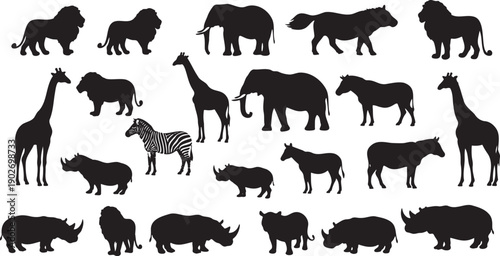 Black and white animal silhouette collection featuring lions giraffes zebras elephants rhinos and more
