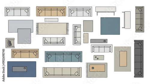Collection of various furniture designs and architectural elements displayed in a flat lay