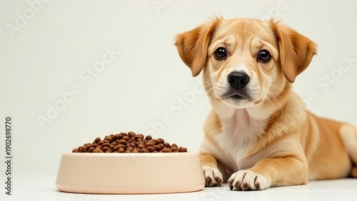 Golden Retriever puppy with full bowl of dry food on light background. Pet store or veterinary clinic banner promoting puppy nutrition and health. copy space, free space for text