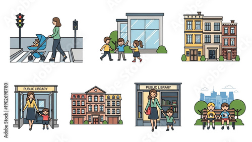 Vibrant city street scene with people walking, buildings, and urban life from a street-level viewpoint