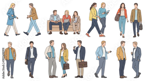 Diverse individuals walking and sitting in various poses with briefcases and bags in a modern urban setting from a straightforward viewpoint