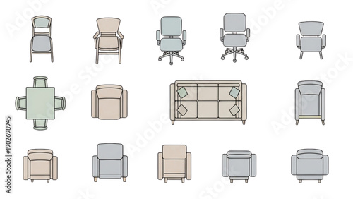 Collection of various office chairs and furniture illustrations displayed from multiple viewpoints