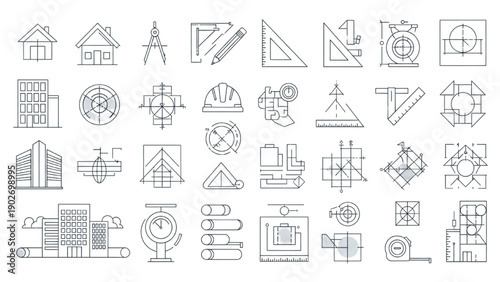 Collection of Architectural and Engineering Icons Representing Buildings and Structures in Line Art Style