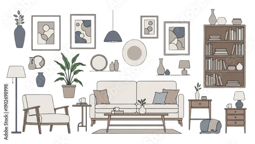 Cozy living room interior with furniture, decor, and books from a front viewpoint.