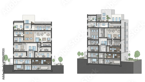 Modern apartment buildings with balconies and trees viewed from the front elevation