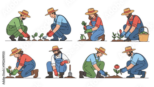 Farmer tending to plants in garden from various viewpoints and actions