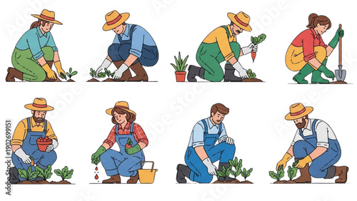 People gardening in various poses and attire, cultivating plants with care and dedication, illustrations showcasing gardening activities