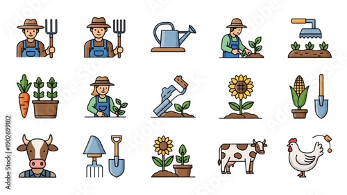 Farmer tending to plants and animals on a sunny farm from a bird's eye view