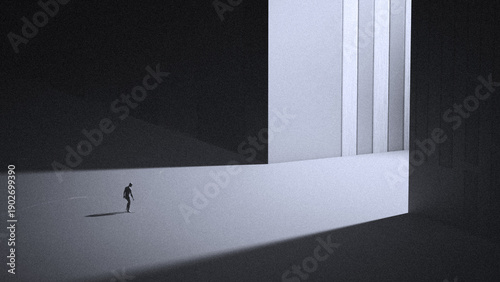 Obraz na płótnie lone figure in minimalist architecture, dramatic light and shadow, surreal conce