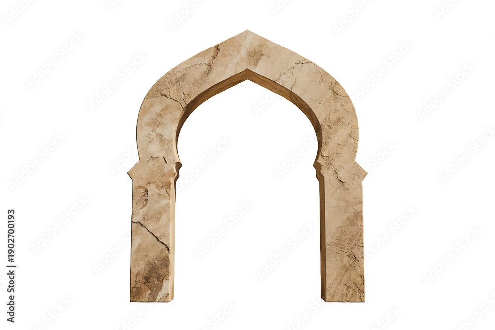 Fototapeta premium Ancient Sandstone Pointed Arch with Ornate Islamic Design Isolated on White Background