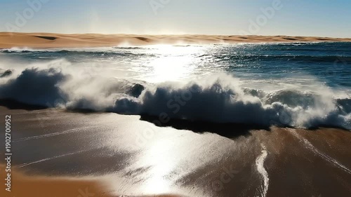 Serene ocean wave crashing on sandy beach at sunset