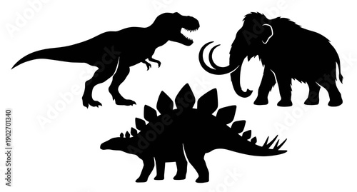 Collection of black silhouettes featuring a trex mammoth and stegosaurus representing extinct prehistoric creatures from the ice age and jurassic periods
