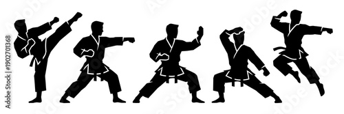 A collection of black silhouettes depicting male martial artists performing karate moves including high kicks punches and defensive stances for sports design
