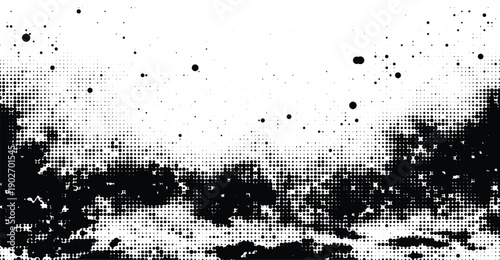 Abstract halftone texture with black dots and splatters overlaying transparent gray background