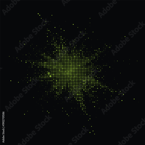 Bright green abstract starburst pattern made of dots on black background
