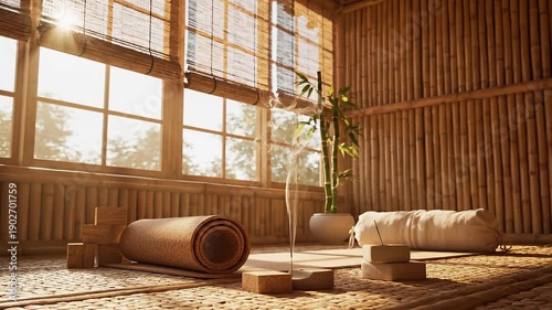 Serene Japanese spa interior with tatami mats and incense