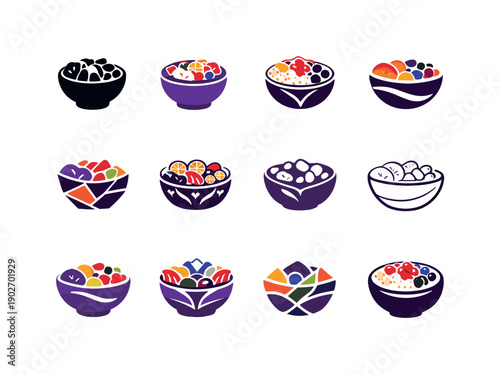 Smoothie bowl. Icon set. Set Logo of Smoothie bowl: acai bowl with toppings. harmonious logo variations of the same emblematic concept, each