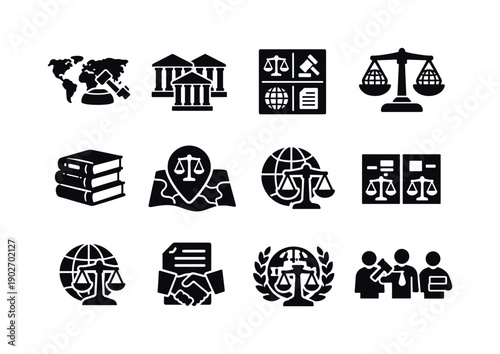 Comparative Law. Solid icon set of Comparative Law: world map law, multiple courthouses, legal systems grid, international scales, law books