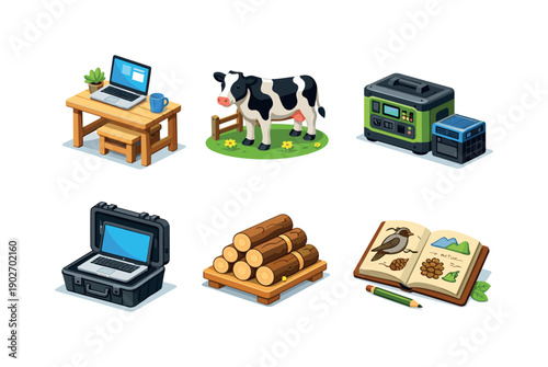 Rural remote work. Isometric flat vector icons set of rural remote work: DIY standing desk, cow in background, backup battery system,