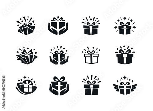 Greeting with a gift. Icon set. Set Logo of greeting with a gift: festive surprise box. harmonious logo variations of the same emblematic
