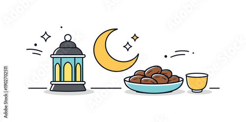 Suhoor and iftar background. Minimal table setting with dates, lantern, and moon symbol arranged in a calm editorial composition. Peaceful