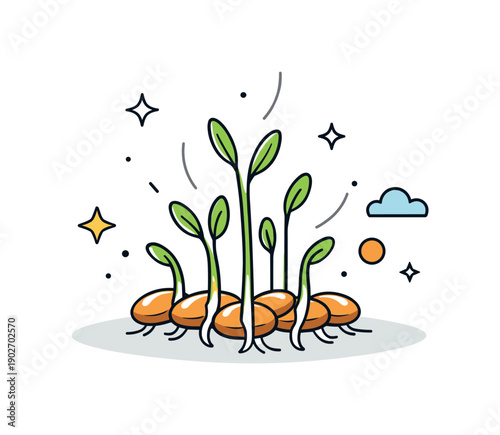 Sprouting Spring Awakening. Nowruz sprouts growing process. First green shoots emerging from the seeds, delicate and fresh, reaching upward. Feeling of hope,