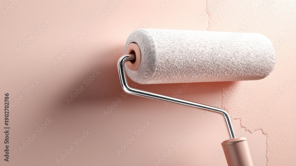 Obraz premium Paint roller is applying fresh coat of soft pink paint on wall, showcasing home improvement and interior design in a modern setting