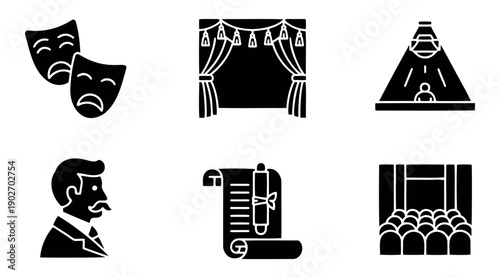Theatre icon set: comedy/tragedy masks, stage curtains, performance scene, actor, script scroll, audience hall — ideal for performing arts and cultural design.