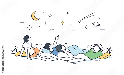 Stargazing on warm nights. Small group resting outdoors with pillows and blankets, gazes turned upward. Slow summer time, relaxation, and