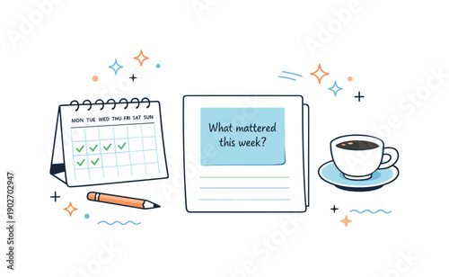 weekly reflection setup. A soft desk layout wi