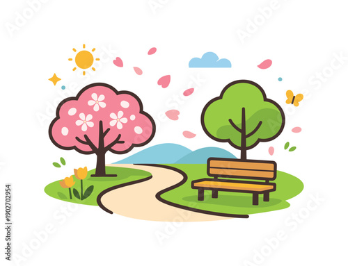 Spring Park Serenity. Springtime outdoor walk quiet park scenery with trees in bloom and light decorative petals in the air, symbolizing renewal, calm and