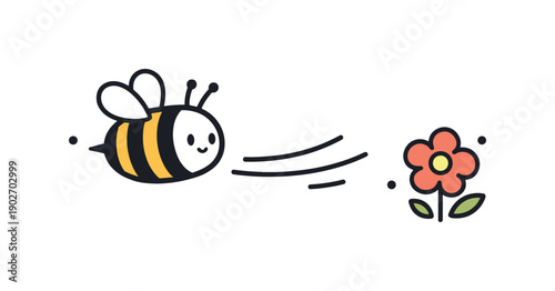 Bee minimal iconography. A bee flying toward a small flower icon, shown with simple motion lines to suggest movement. The mood is cheerful,