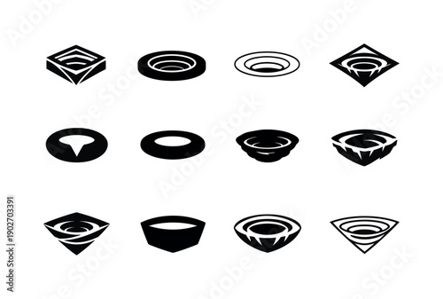 Pit. Icon set. Set Logo of Pit: sinkhole emblem. harmonious logo variations of the same emblematic concept, each with different artistic