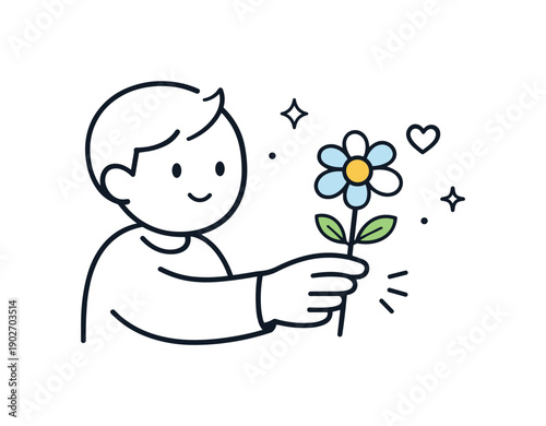 Expressing care with flowers. A person holding a single flower and offering it gently, symbolizing attention and kindness. Calm, intimate