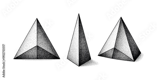 Dotted geometric pyramid. A solid geometric pyramid is shown in three views: frontal view, side view, and three-quarter angled view, focusing