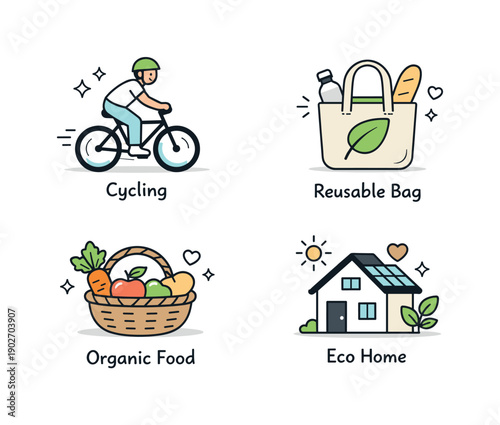 Sustainable lifestyle icons. Small soft icons representing biking, reusable bags, organic food, and green home habits. Designed to inspire