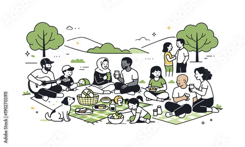 Community in green spaces. A group picnic scene with diverse characters gathered around blankets and food, trees and hills forming a calm