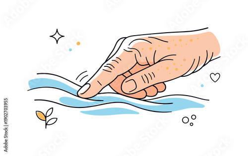 Wrinkles and freckles close-ups. Fingers tracing the surface of a fabric, wrinkles and freckles visible on the skin. Subtle tactile moment