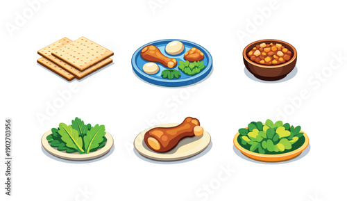 Passover meal. Isometric flat vector icons set of passover meal: matzah bread pieces, seder plate view, bowl of charoset, bitter herbs plate,